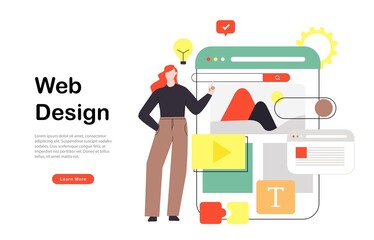 Web page design template for designing and programming vector illustration. Woman working on mobile application, coding and prototyping web page. Web landing page design