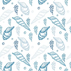 Seamless, hand-drawn sea creatures in sketch style. Seashells and bubbles. Blue pastel palette. White background. Isolated. Summer. Ocean. Flat design. Vector illustration.