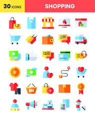 shopping icons set in flat design style. business symbol collection. Ecommerce, market, payment, bag, cart, delivery