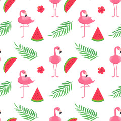 Pink flamingo bird pattern with tropical leaves and watermelons on a white background.