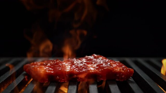 Marinated Ribs Falling onto Grill Grate Burning in Slow Motion - Barbecue on Black Background