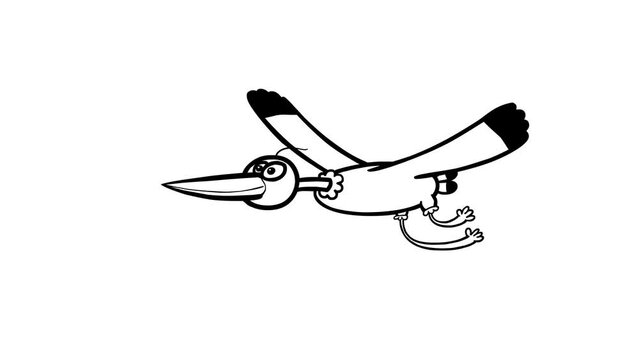 Stork flying cartoon animation on white background. Black and white version isolated. Seamless loop. Good for whiteboard explainer, etc...