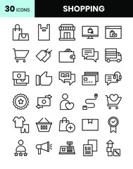shopping icons set in outline style. business symbol collection. Ecommerce, market, payment, bag, cart, delivery