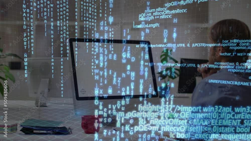 Poster animation of data processing over caucasian businessman using computer