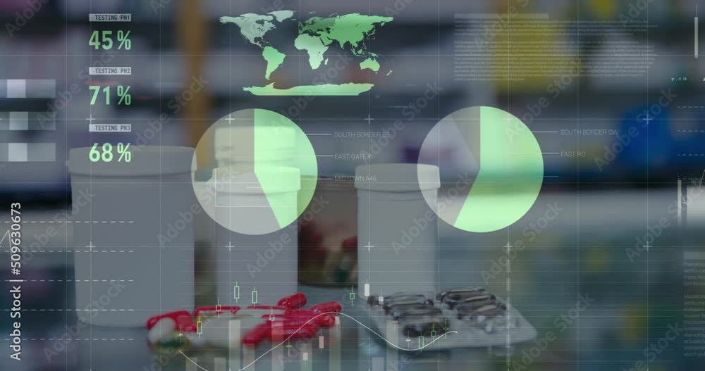 Poster animation of data processing over pills and medication