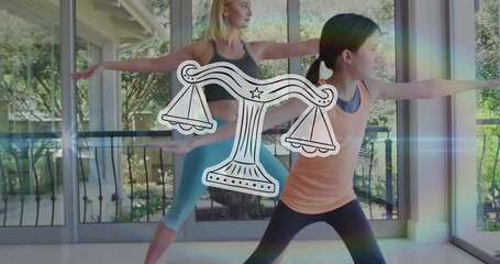 Animation of horoscope zodiac libra star sign over caucasian mum and daughter practicing yoga - Powered by Adobe