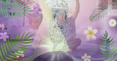 Animation of horoscope zodiac scorpio star sign over senior diverse people practicing yoga - Powered by Adobe