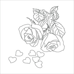 Line art coloring book page with roses and leaves. Vector illustration, coloring, Vector outline flowers.