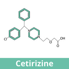 Chemical structure of cetirizine. It is a second-generation antihistamine used to treat allergic rhinitis (hay fever), dermatitis, and urticaria (hives). - obrazy, fototapety, plakaty