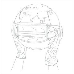 Continuous line art drawing. hands holding Earth globe. Save the planet concept.