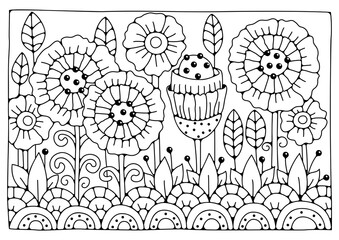 Coloring page, art therapy for children and adults. Delicate bouquet of flowers, vector background for coloring. Art line.