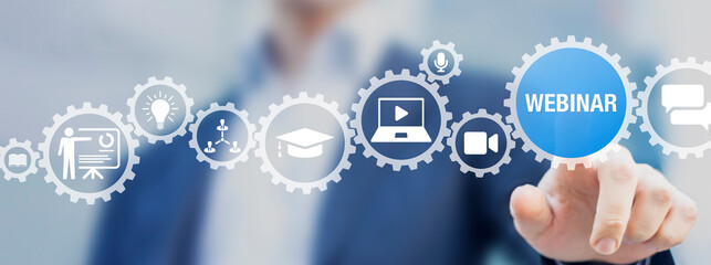 Webinar online education, conference, course, meeting on internet. Person touching button to join,...