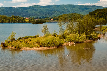 Fototapeta na wymiar Beautiful summer view with reflections at the famous Drachensee lake, Furth im Wald, Bavarian forest, Bavaria, Germany