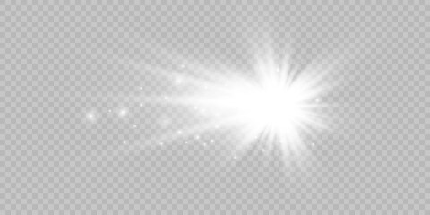 Set glow light effect with white sparks and golden stars shine with special light.White glowing light. Star Light from the rays. The sun is backlit. Bright beautiful star. Sunlight. EPS10