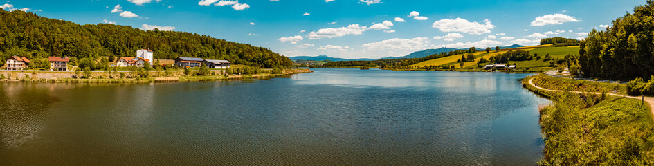 High resolution stitched panorama at the famous Drachensee lake, Furth im Wald, Bavarian forest,...