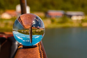 Crystal ball landscape shot at the famous Drachensee lake, Furth im Wald, Bavarian forest, Bavaria,...