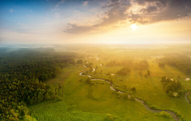 Aerial view of natural river during morning - obrazy, fototapety, plakaty