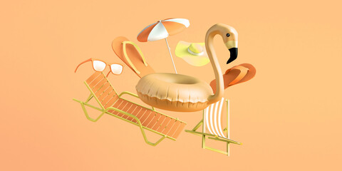 Summer concept with flamingo float, umbrella, flip flops, beach chair and sunglasses. Copy space. 3D illustration.