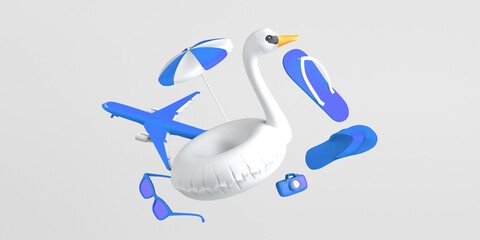Summer vacation concept with swan float, flip flops, sunglasses and airplane. Copy space. 3D illustration.