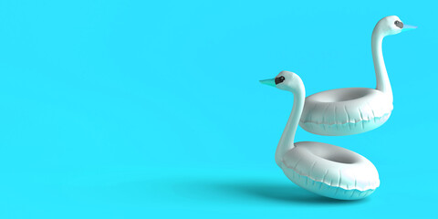 Swan float. Inflatable beach or pool toy. Copy space. 3D illustration.