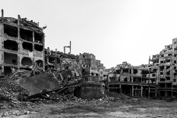 Civil war ruins of Homs, Syria. Homs is the most devastated large city in Syria, where whole districts are in ruins and empty of people.
