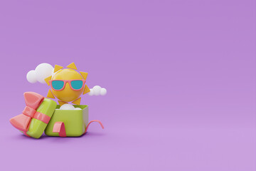 Obraz na płótnie Canvas Opened gift box, sun with sunglasses and clouds floating on purple background, Summer time concept, 3d rendering.