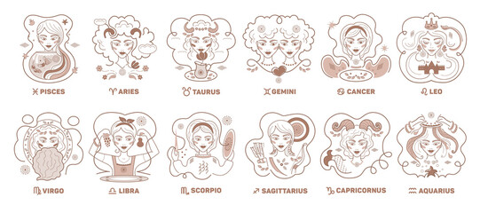 Gold zodiac signs women constellations vector set