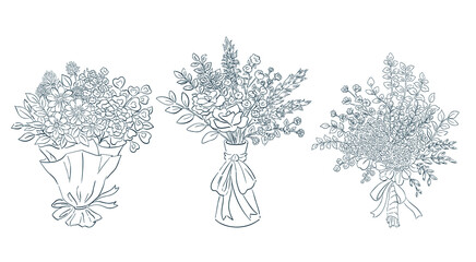 花束のイラスト. 花束, 花瓶の花, ドリフラワーの手描き. 装飾用の挿絵. 線画.