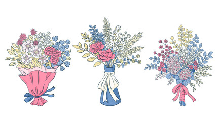 花束のイラスト. 花束, 花瓶の花, ドリフラワーの手描き. 装飾用の挿絵. 線画とカラー.