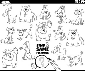 find two same dog characters task coloring book page