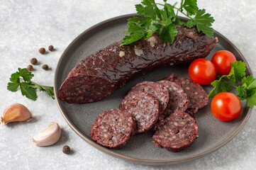 Delicious homemade blood sausage with garlic and spices