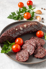 Delicious homemade blood sausage with garlic and spices