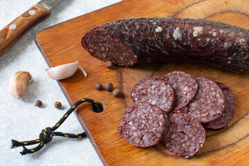 Delicious homemade blood sausage with garlic and spices