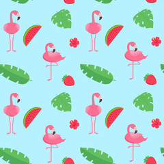 Pink flamingos bird pattern with tropical leaves, strawberries, and watermelons on a blue background.