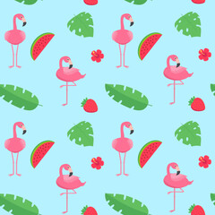 Fototapeta na wymiar Pink flamingos bird pattern with tropical leaves, strawberries, and watermelons on a blue background.