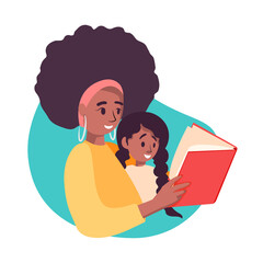 Vector Mom and daughter reading book together. Mother and small girl at home. 
