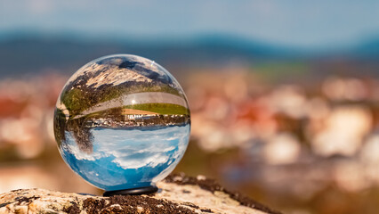 Crystal ball landscape shot at the famous Grosser Pfahl nature monument, Viechtach, Bavarian forest, Bavaria, Germany
