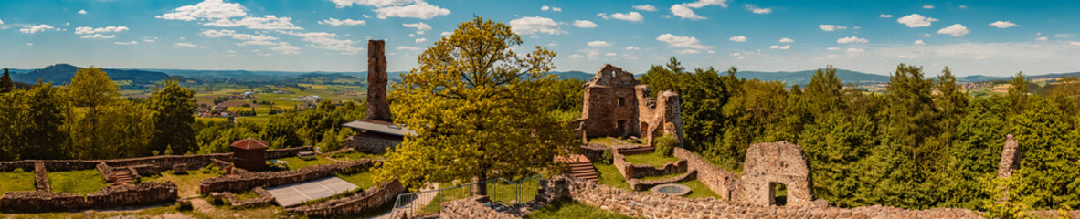 Fototapeta na wymiar High resolution stitched panorama at the famous Runding castle ruins, Bavarian forest, Bavaria, Germany