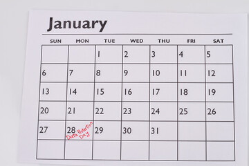 Marked 28 january day data protection day concept. Top view flat lay.