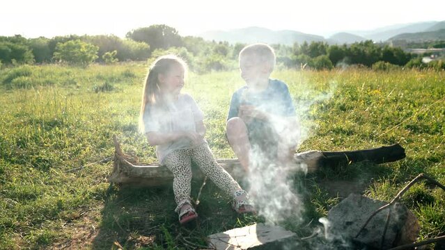 Brother and sister have conversation while they sitting on log and roasting a  sausages on the sticks over the campfire flame in tent camp. Happy family or outdoor picnic activities concept image.