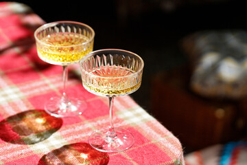 Outdoor picnic with two Glasses of lemonade on checkered red rug on the table.