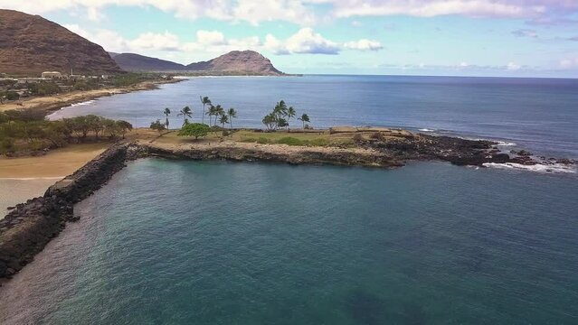 Aerial view of Pokai bay beach in Waianae Oahu on a sunny day