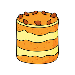 Pretty doodle cake. Design sketch element for menu cafe, bistro, restaurant, coffeehouse, bakery, label, poster, banner, flyer and packaging. Vector colorful illustration on a white background.