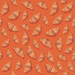 Croissants on an orange background. Endless background for a coffee shop with the image of pastries