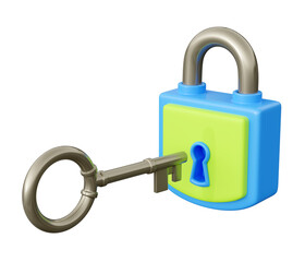 Closed padlock with key 3d render illustration. Metal key near hole in secured blue and green lock.