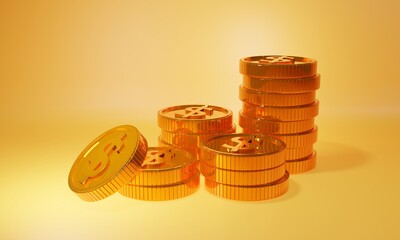 3D Gold Coins Stack on gold background with earning profit concept. Gold coins or currency of business. 3D rendering.