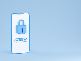 Personal data secure 3d render - padlock and password field on mobile phone screen.