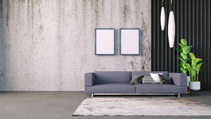 Loft-style living room 3d rendering image, concrete walls and dark color decorative panel. Furnished with a sofa, flowerpots and picture frames, mock up.