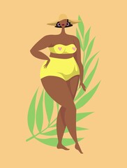 Beautiful plump girl. African American woman in swimming suit. Body positive. Plus size female body. Flat vector illustration. - 509641628