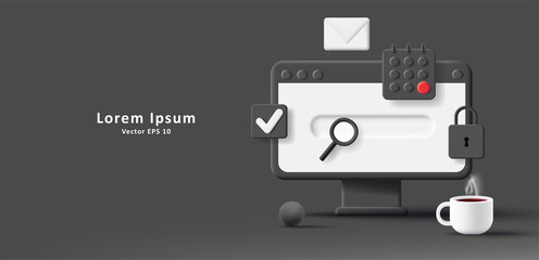 Digital 3d illustration of computer with email and calendar with coffee cup